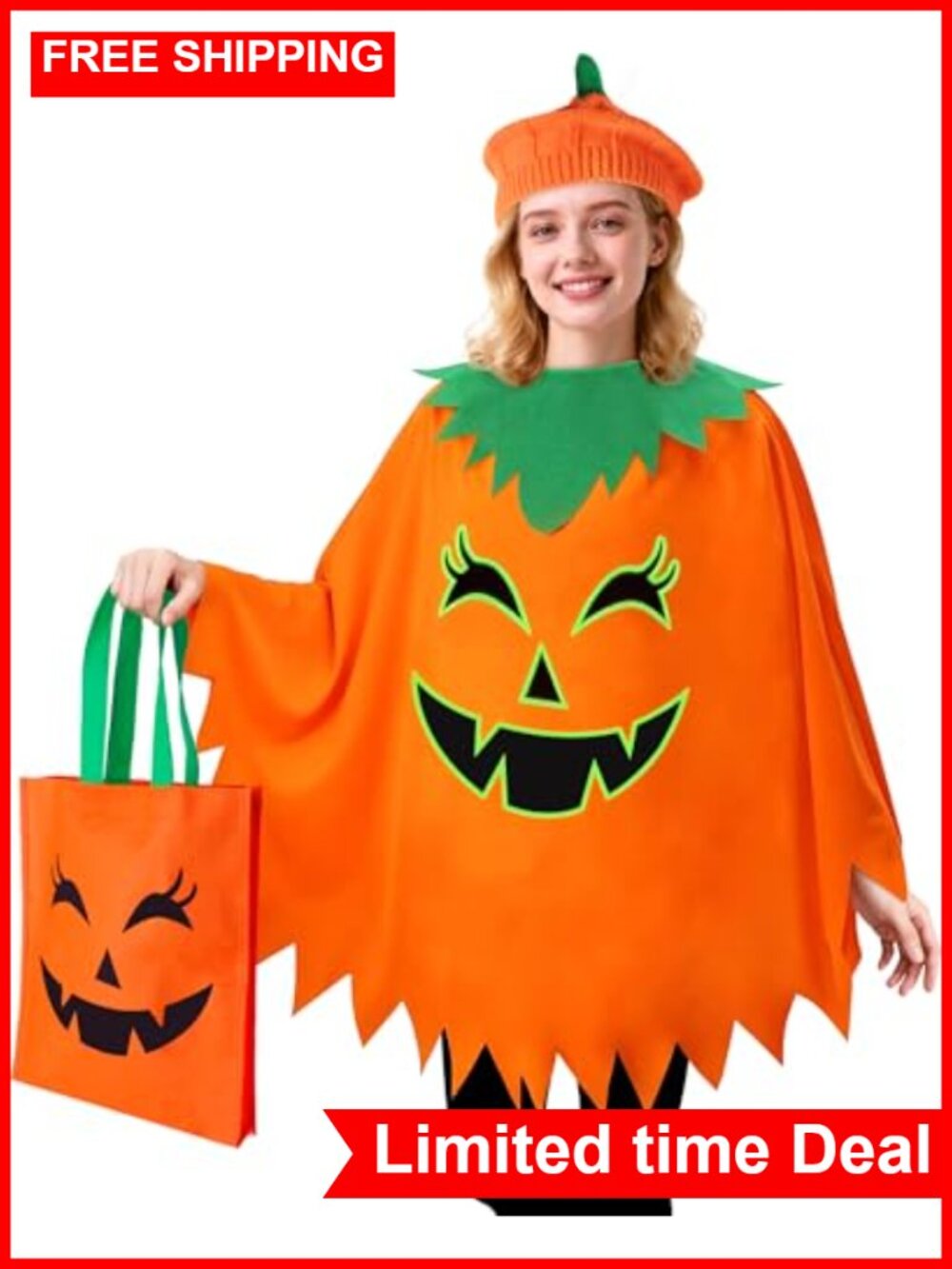 Glow in the Dark Pumpkin Poncho Hat Bag Halloween Costume